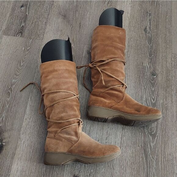 Vtg SKECHERS Tan Suede Leather Slouch Boot Mid Calf Tie Wrap Winter - Size 7 - Picture 2 of 7